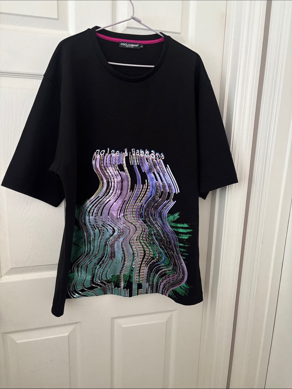 Dolce & Gabbana Black Tee with Iridescent Purple & Green Wave Graphic